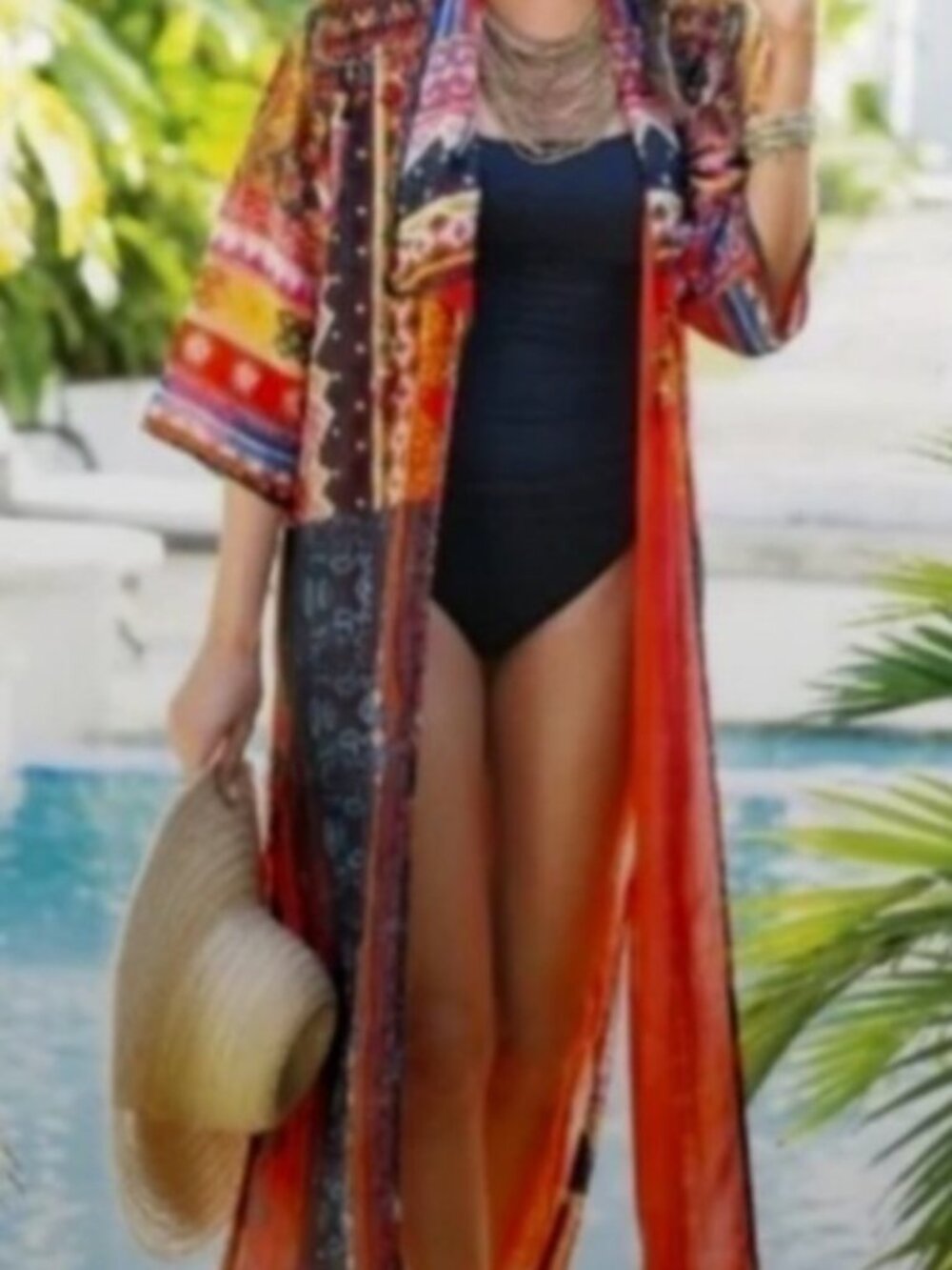 Boho Maxi Kimono Beach Cover Up in Rust Multi - Picture 7 of 10